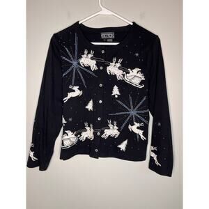 1990s Berek Glam Christmas Sequin Beads Winter Santa Reindeer Scenic Cardigan S